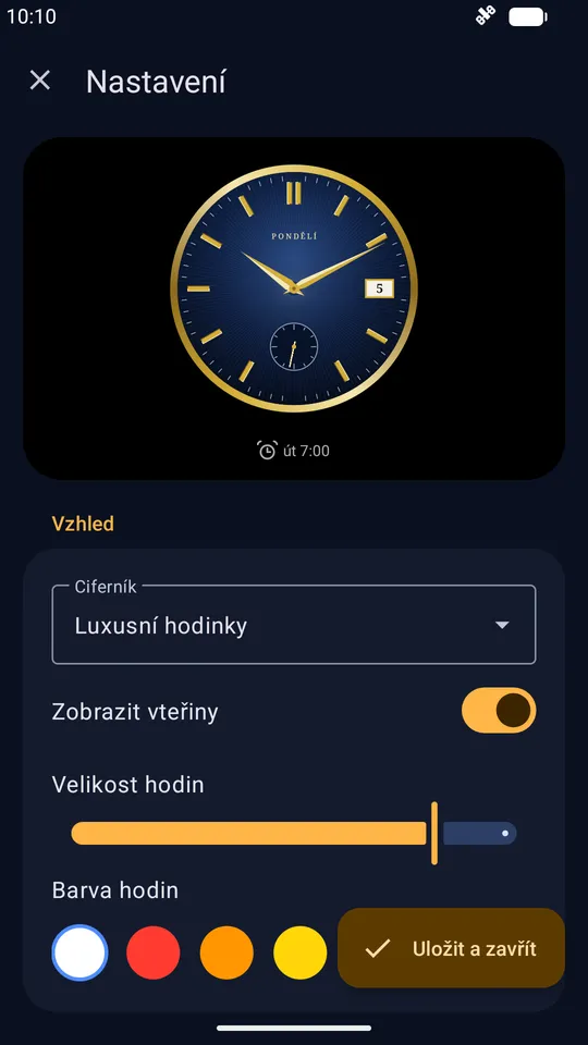 Nastavení s živým náhledem, výběrem vzhledu, vteřinami, velikostí a barvou hodin