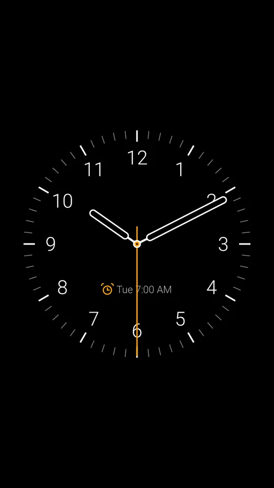 A minimal analog clock face with numerals and the next alarm on the dial