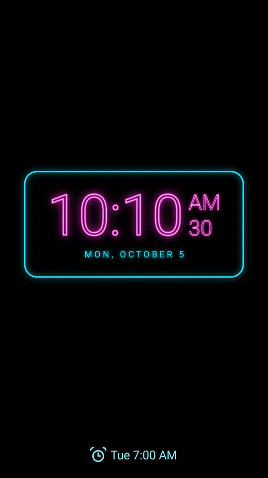 Neon: glowing pink time and a cyan date in a neon frame