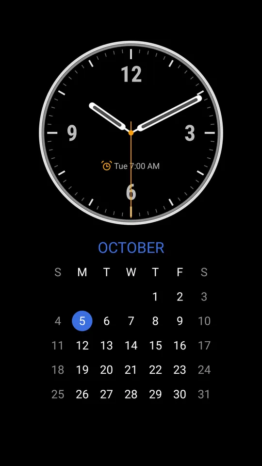 Analog clock with a monthly calendar and the next alarm inside the dial