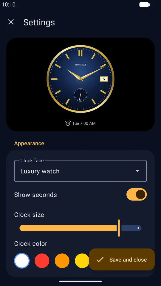 Settings with a live preview, skin, seconds, clock size and color