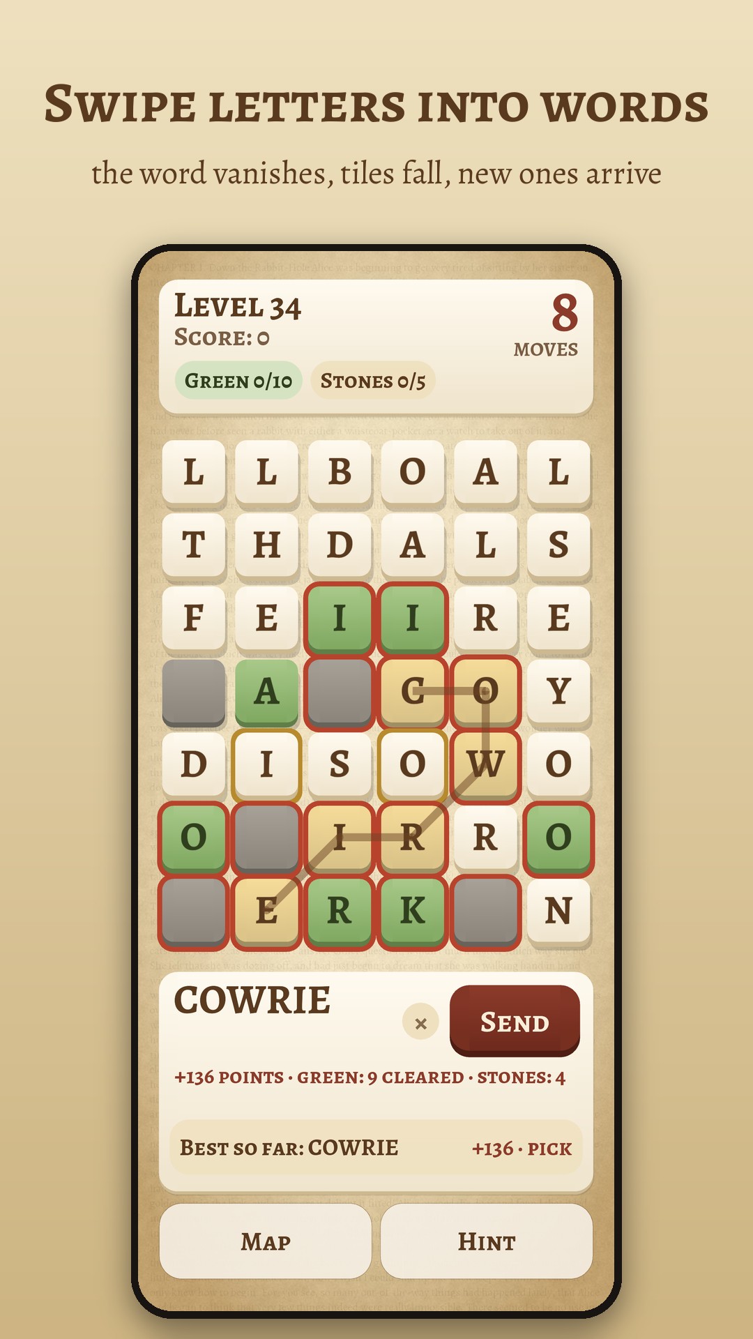 Game board with letter tiles and a word selected by swiping across them