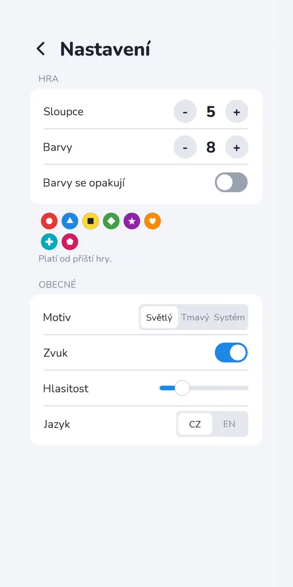 Nastavení: počet sloupců a barev, opakování barev, motiv, zvuk a jazyk