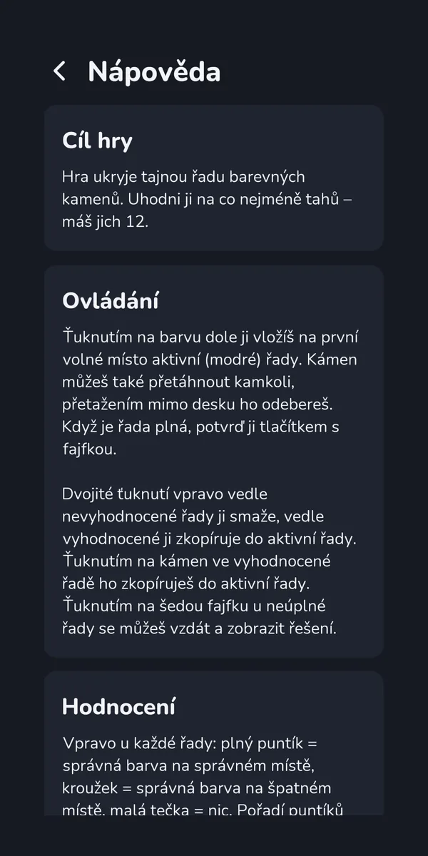 Nápověda s pravidly hry v tmavém motivu
