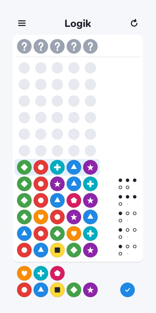 A game in progress in the light theme: rows of stones with hints