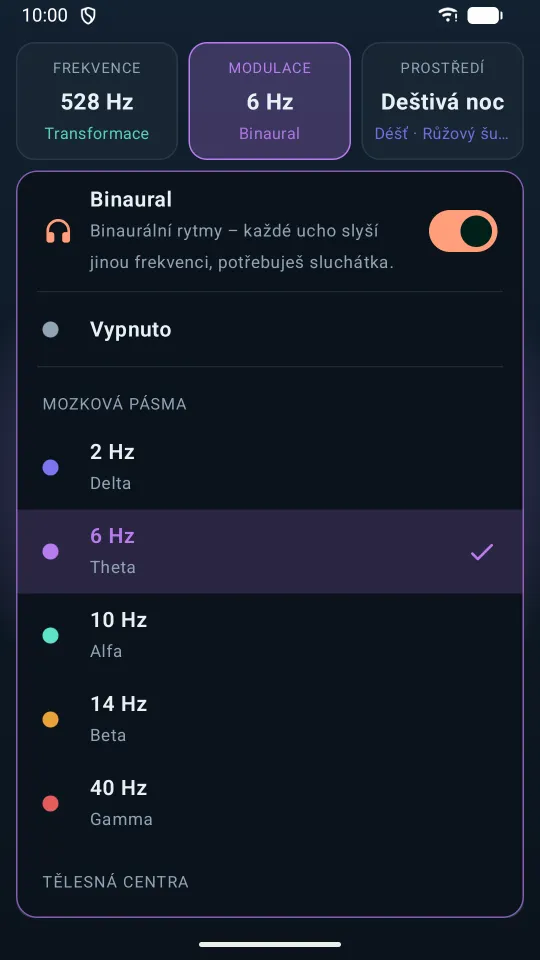 Modulace: zapnuté binaurální rytmy a mozková pásma od delta po gama