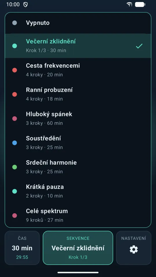 Připravené sekvence, například Večerní zklidnění, Hluboký spánek a Soustředění