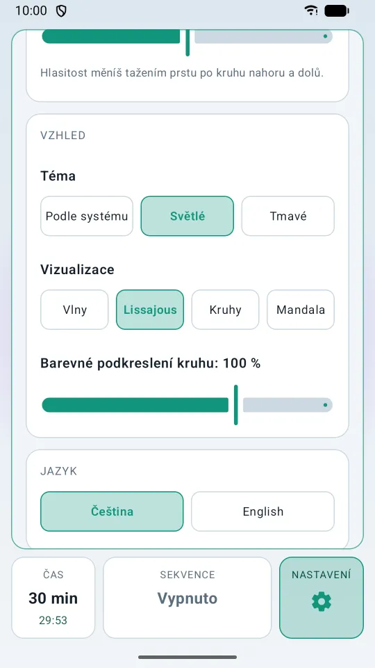 Nastavení: téma, styl vizualizace, záře kruhu a jazyk