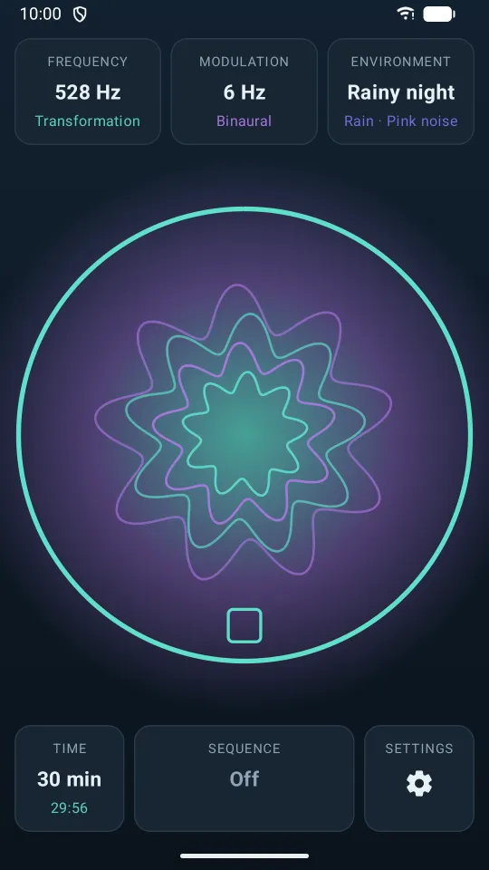 The player circle with a live visualisation and the Frequency, Modulation and Environment cards