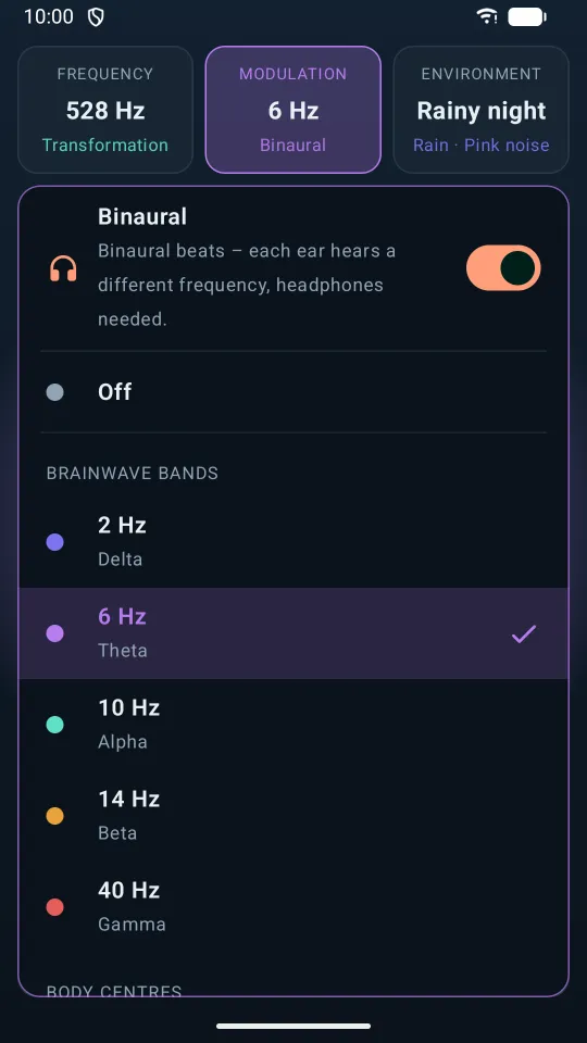 Modulation: binaural beats switched on and brainwave bands from delta to gamma
