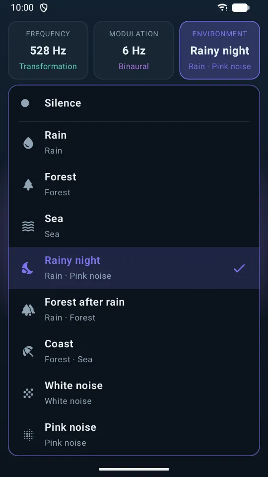 Environment: rain, forest, sea, white and pink noise and their combinations