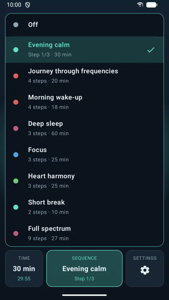 Ready-made sequences such as Evening calm, Deep sleep and Focus