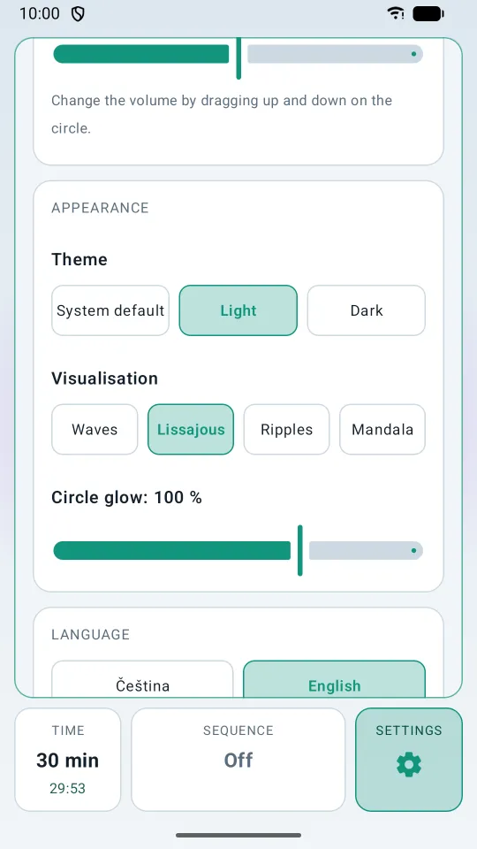 Settings: theme, visualisation style, circle glow and language