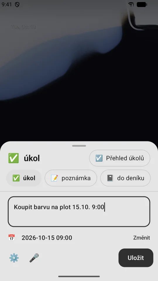 Okno zachycení s novým úkolem a termínem rozpoznaným z textu