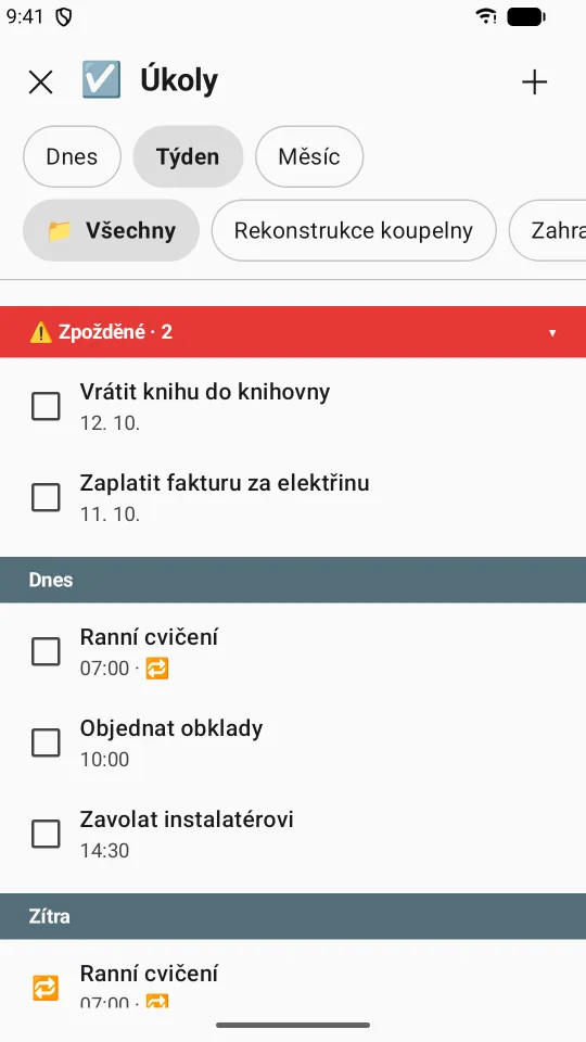 Přehled úkolů na týden: zpožděné úkoly červeně, dnes a zítra, opakované úkoly
