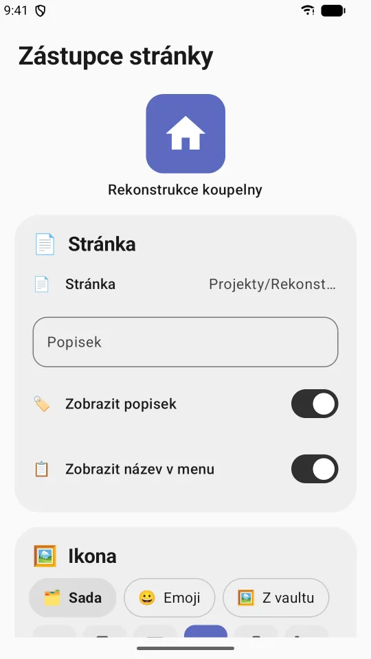 Vytvoření zástupce stránky z vaultu na ploše s vlastní ikonou a popiskem