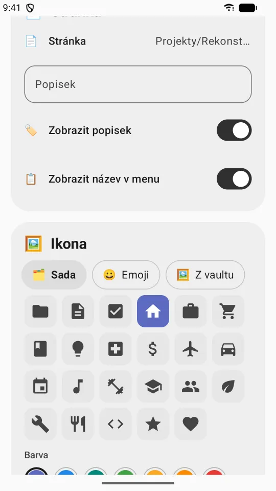 Výběr ikony zástupce ze sady, emoji nebo obrázku z vaultu a její barvy