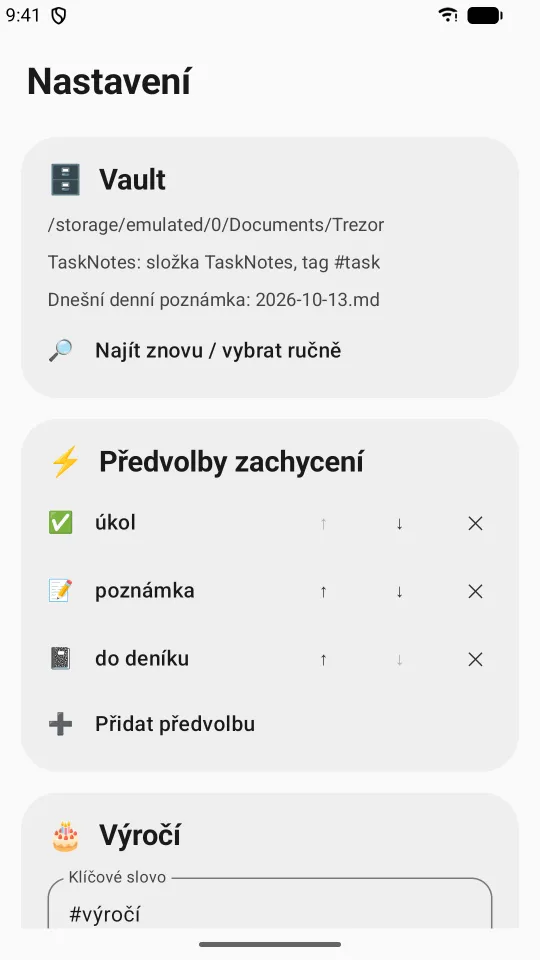 Nastavení: složka vaultu, předvolby zachycení a výročí