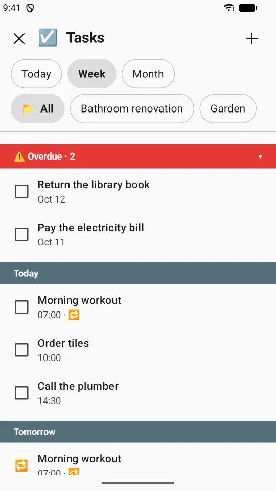 Task panel for the week: overdue tasks in red, today and tomorrow, recurring tasks