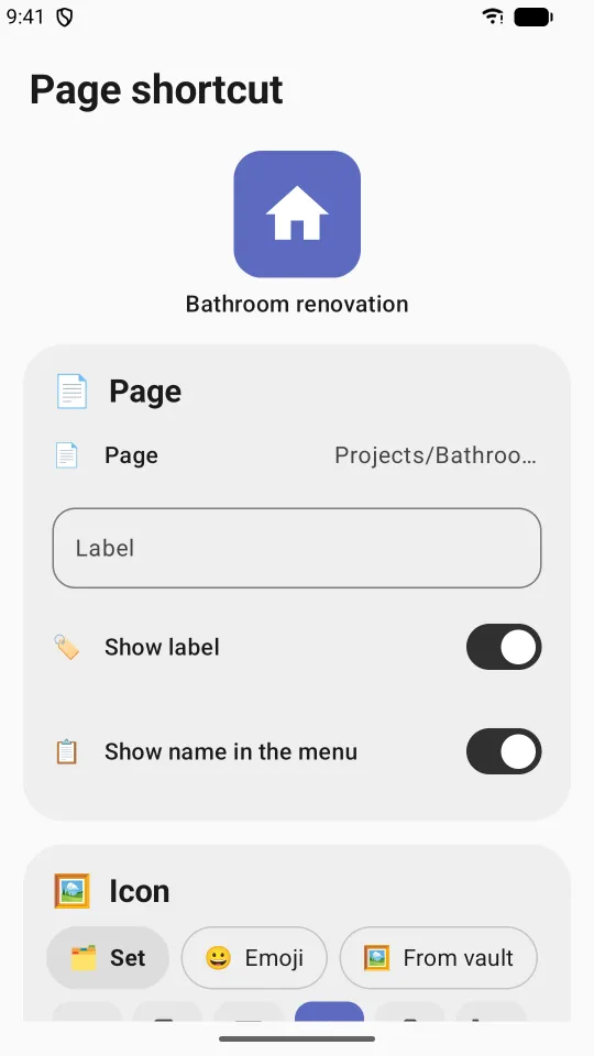 Creating a home screen shortcut to a vault page with its own icon and label
