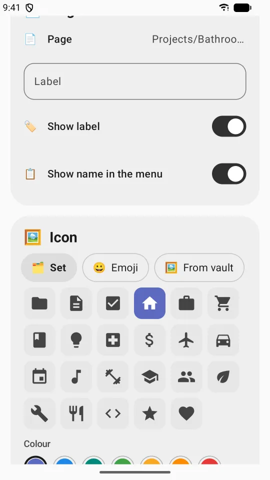 Choosing the shortcut icon from a set, an emoji or an image from the vault, and its colour
