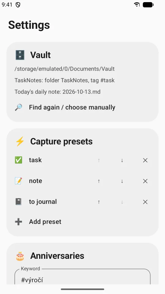 Settings: the vault folder, capture presets and anniversaries